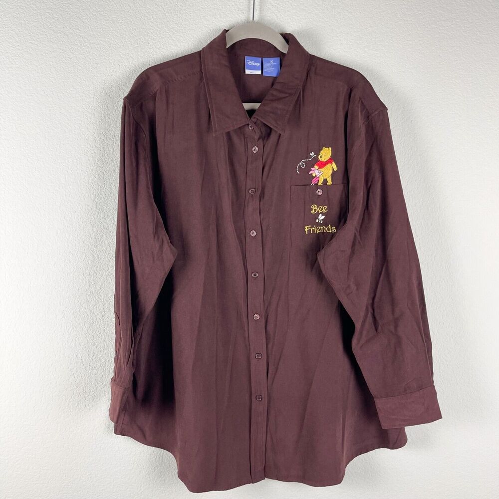 Disney Winnie The Pooh Top Womens 1X Brown Button Up Piglet‎ Bee Friends